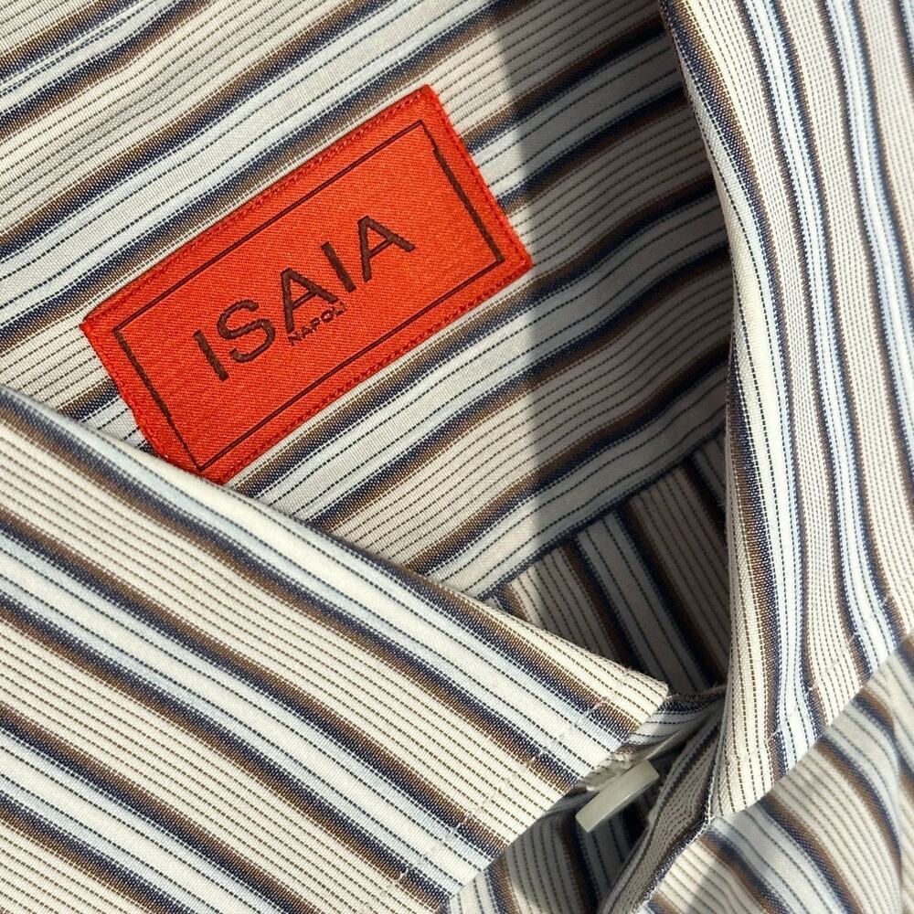 Isaia Napoli Long Sleeve Dress Shirt Mens 17 / 43 Striped Cotton Button Front - Picture 10 of 16